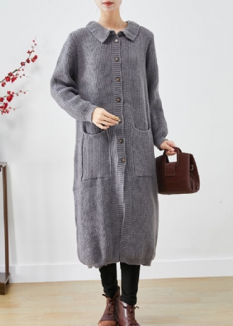 Manteaux Longs En Tricot Gris Avec Poches Boutonnées De Grande Taille Automne