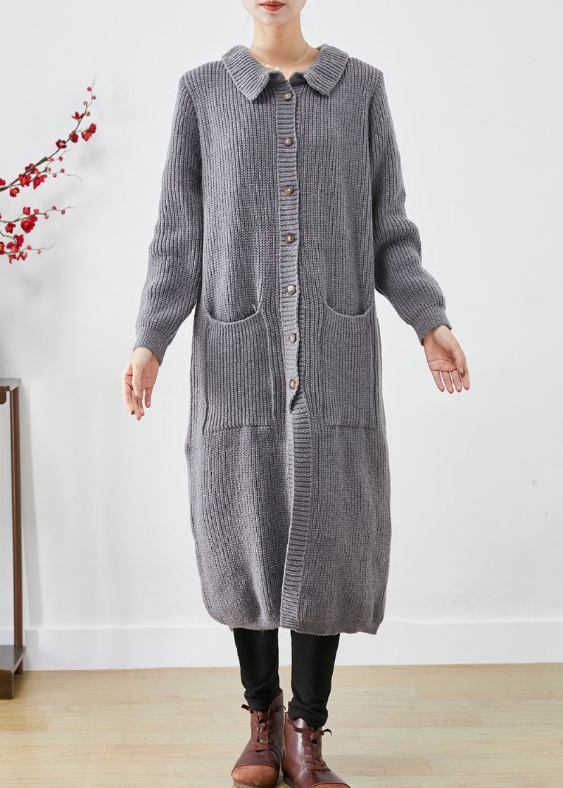 Manteaux Longs En Tricot Gris Avec Poches Boutonnées De Grande Taille Automne - Cardigans femmes