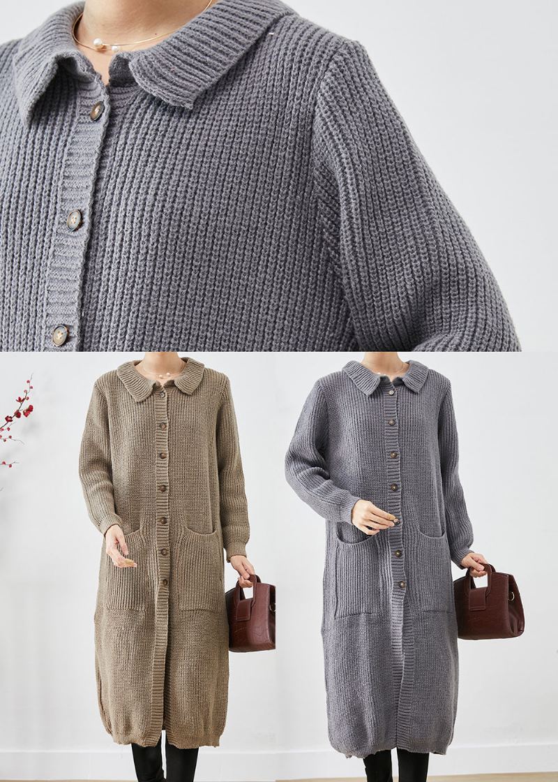 Manteaux Longs En Tricot Gris Avec Poches Boutonnées De Grande Taille Automne - Cardigans femmes