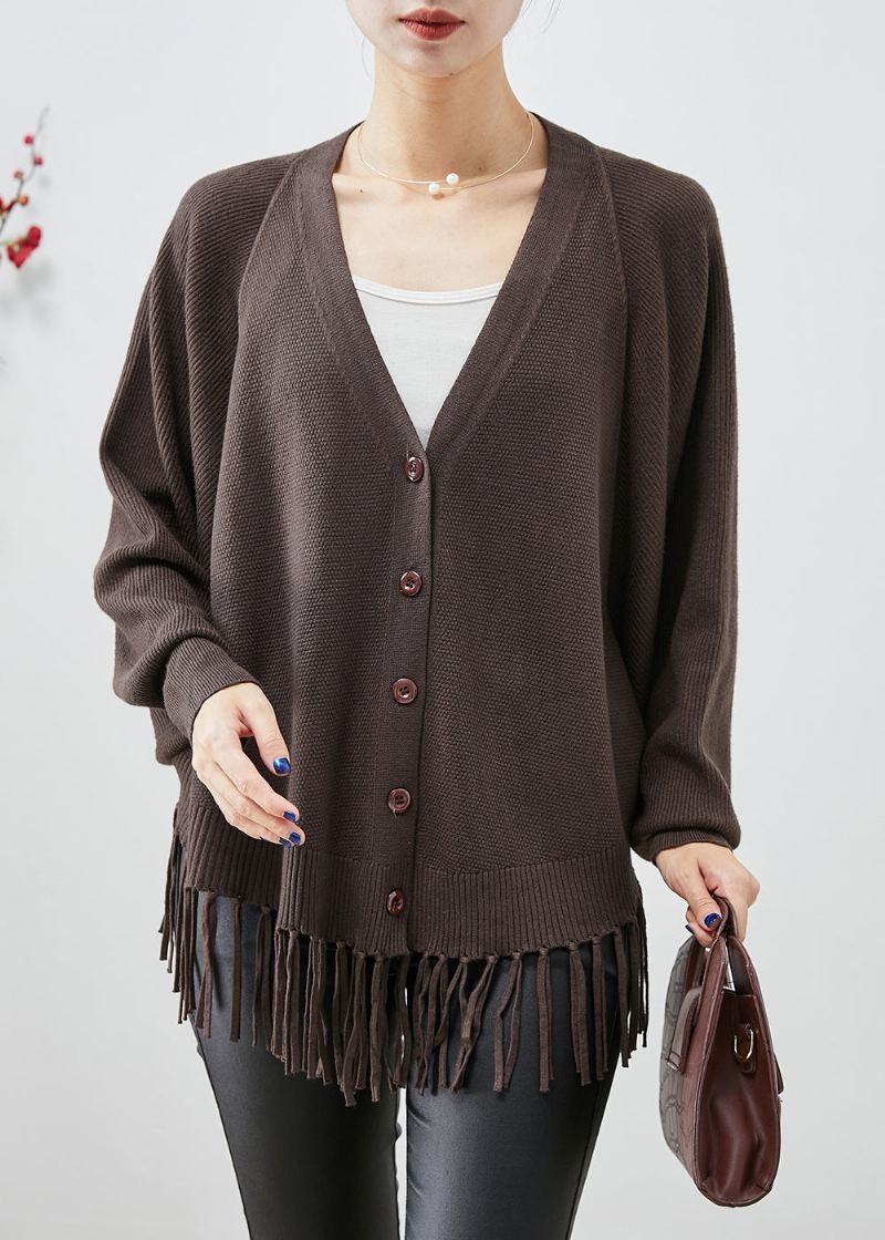 Manteaux En Tricot Ample Chocolat Col En V À Glands Automne - Cardigans femmes