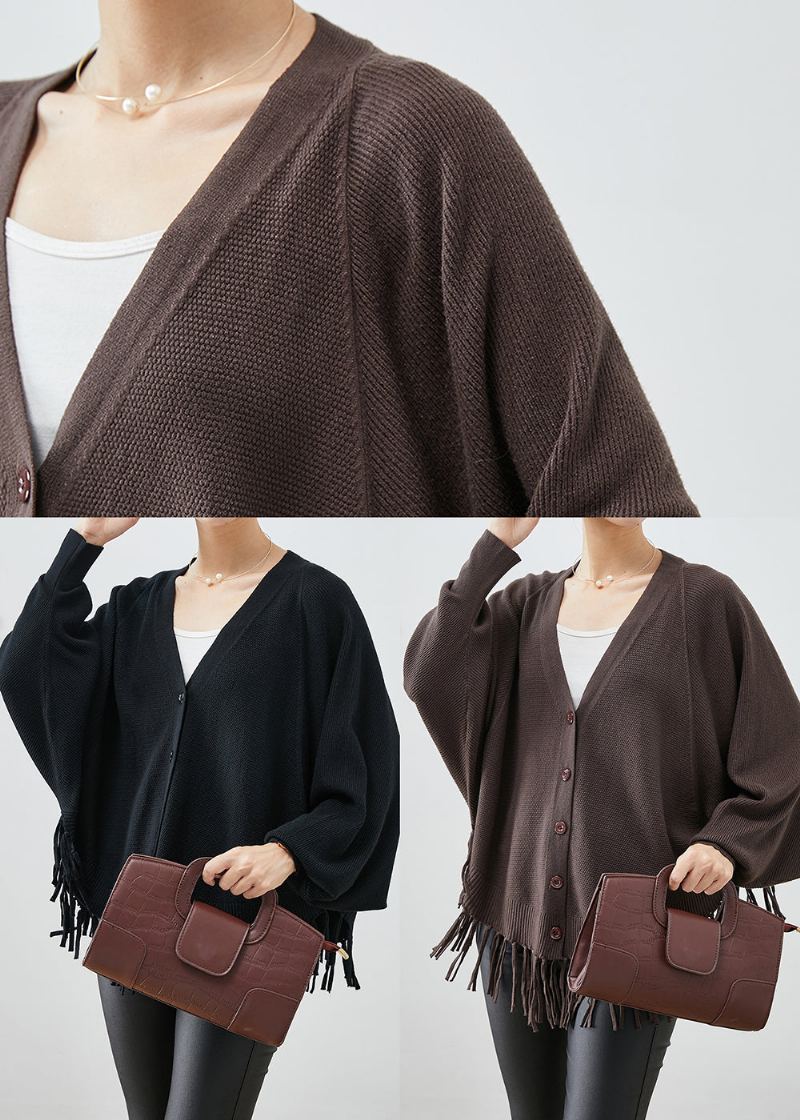 Manteaux En Tricot Ample Chocolat Col En V À Glands Automne - Cardigans femmes