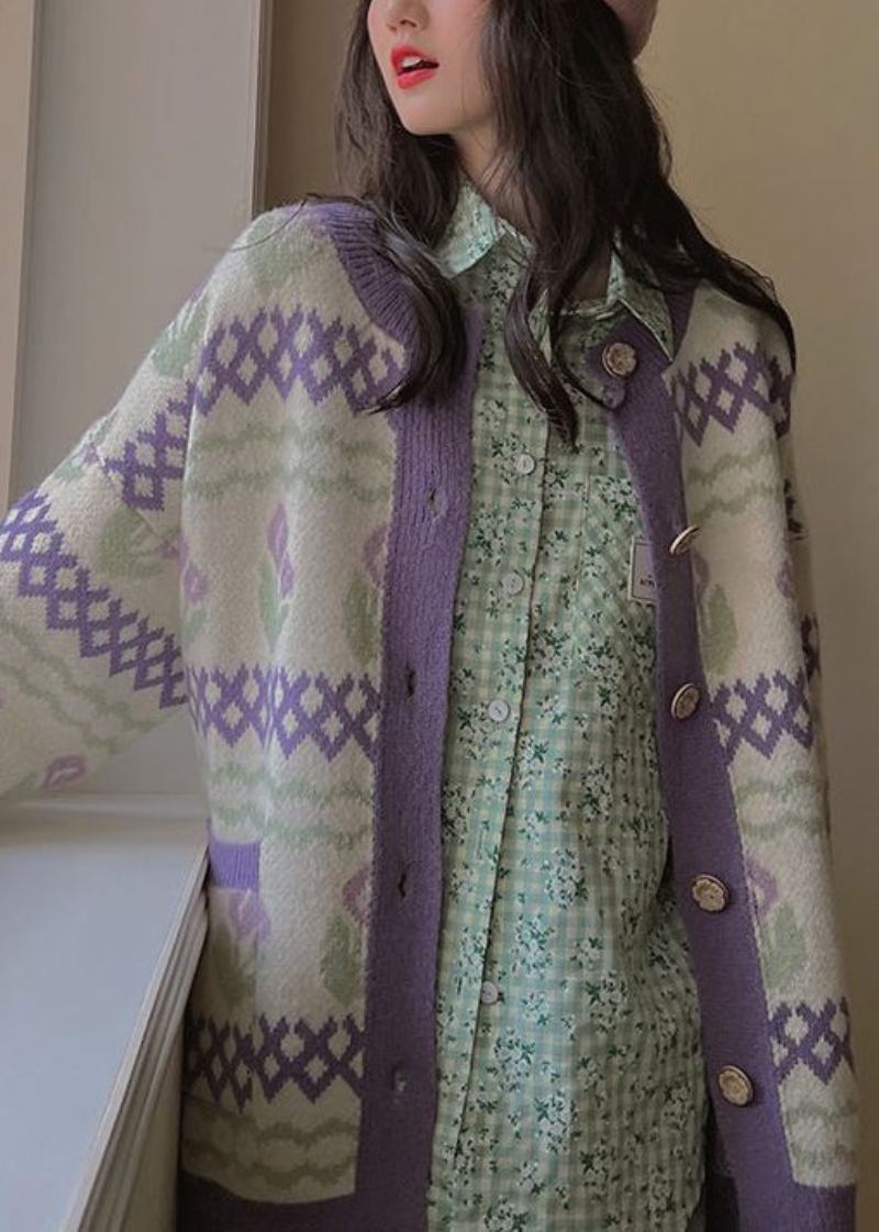 Manteaux En Tricot Amples Violets Avec Poches À Boutons Patchwork Automne - Cardigans femmes