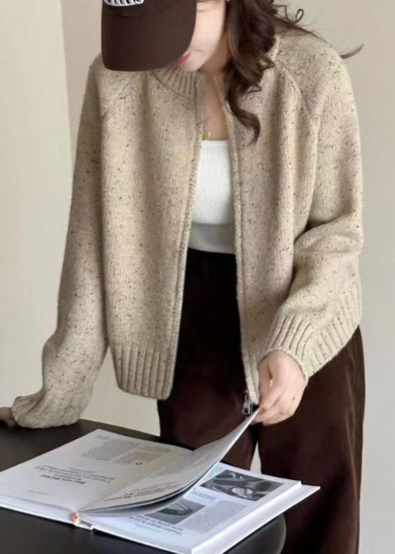 Manteaux En Tricot Confortables À Fermeture Éclair Beige Ample À Manches Longues - Cardigans femmes