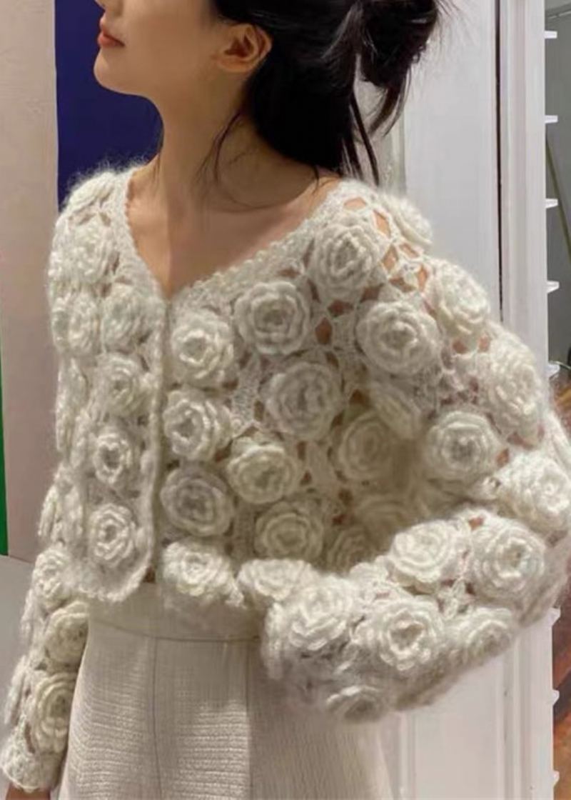 Manteaux En Tricot De Coton Ajouré À Boutons Beiges Floraux Printemps