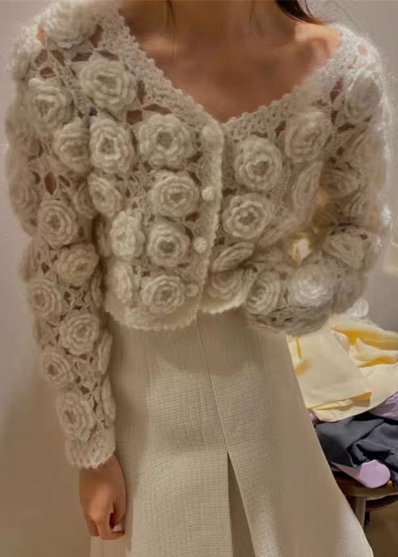 Manteaux En Tricot De Coton Ajouré À Boutons Beiges Floraux Printemps - Cardigans femmes