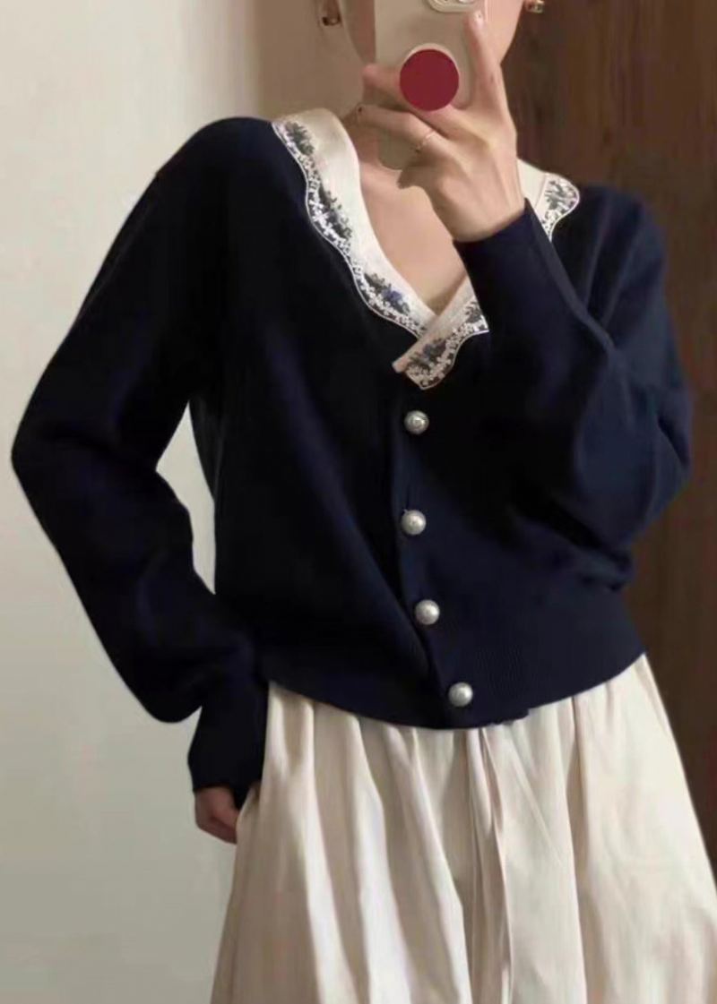 Manteaux En Tricot Patchwork Avec Boutons Et Col En V De La Marine Française Manches Longues - Cardigans femmes