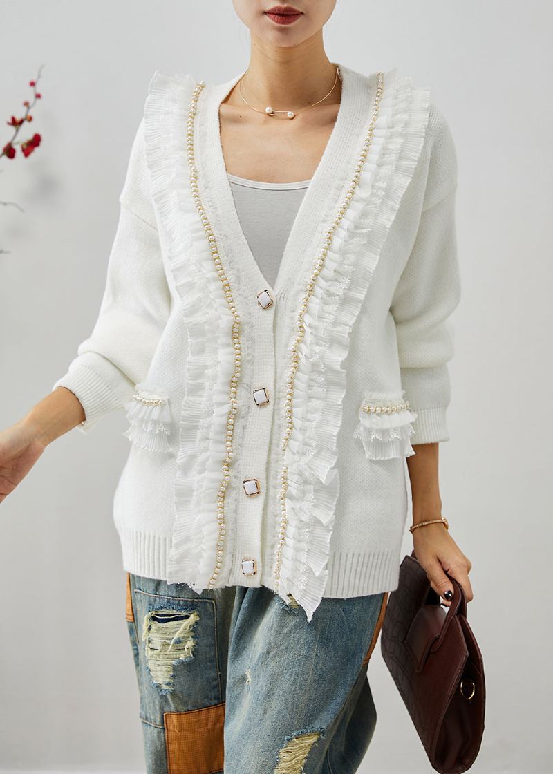 Manteaux En Tricot Patchwork Blanc À Volants Col En V Automne - Cardigans femmes