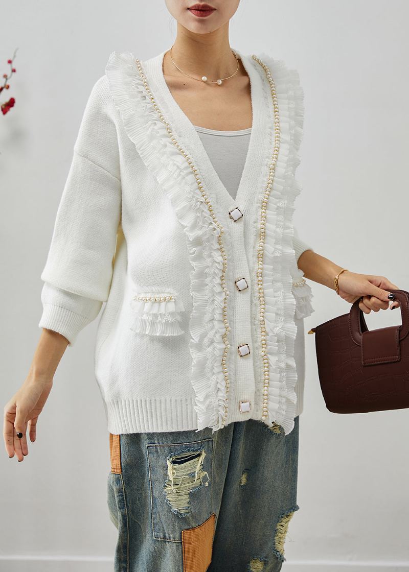 Manteaux En Tricot Patchwork Blanc À Volants Col En V Automne - Cardigans femmes