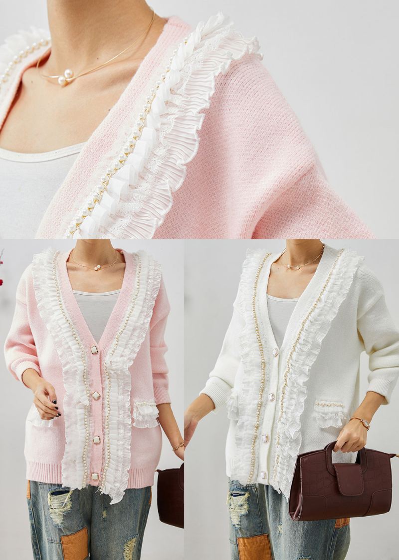 Manteaux En Tricot Patchwork Blanc À Volants Col En V Automne - Cardigans femmes