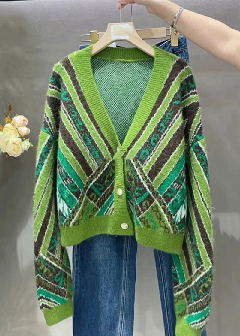 Manteaux En Tricot Patchwork Vert Ample Avec Col En V Et Boutons Automne