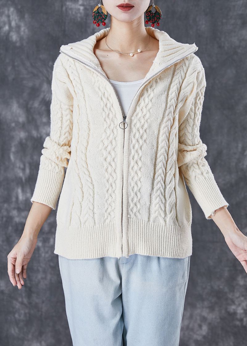 Manteaux En Tricot Torsadé Épais À Fermeture Éclair Beige Chic Automne