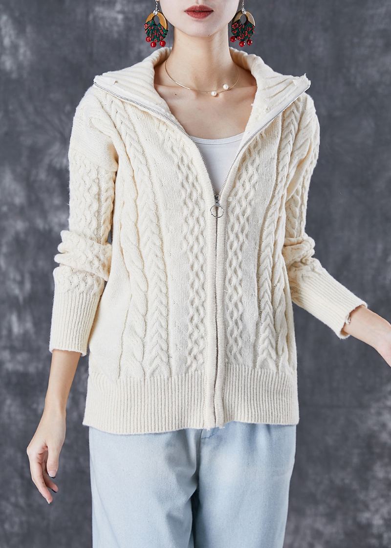 Manteaux En Tricot Torsadé Épais À Fermeture Éclair Beige Chic Automne - Cardigans femmes