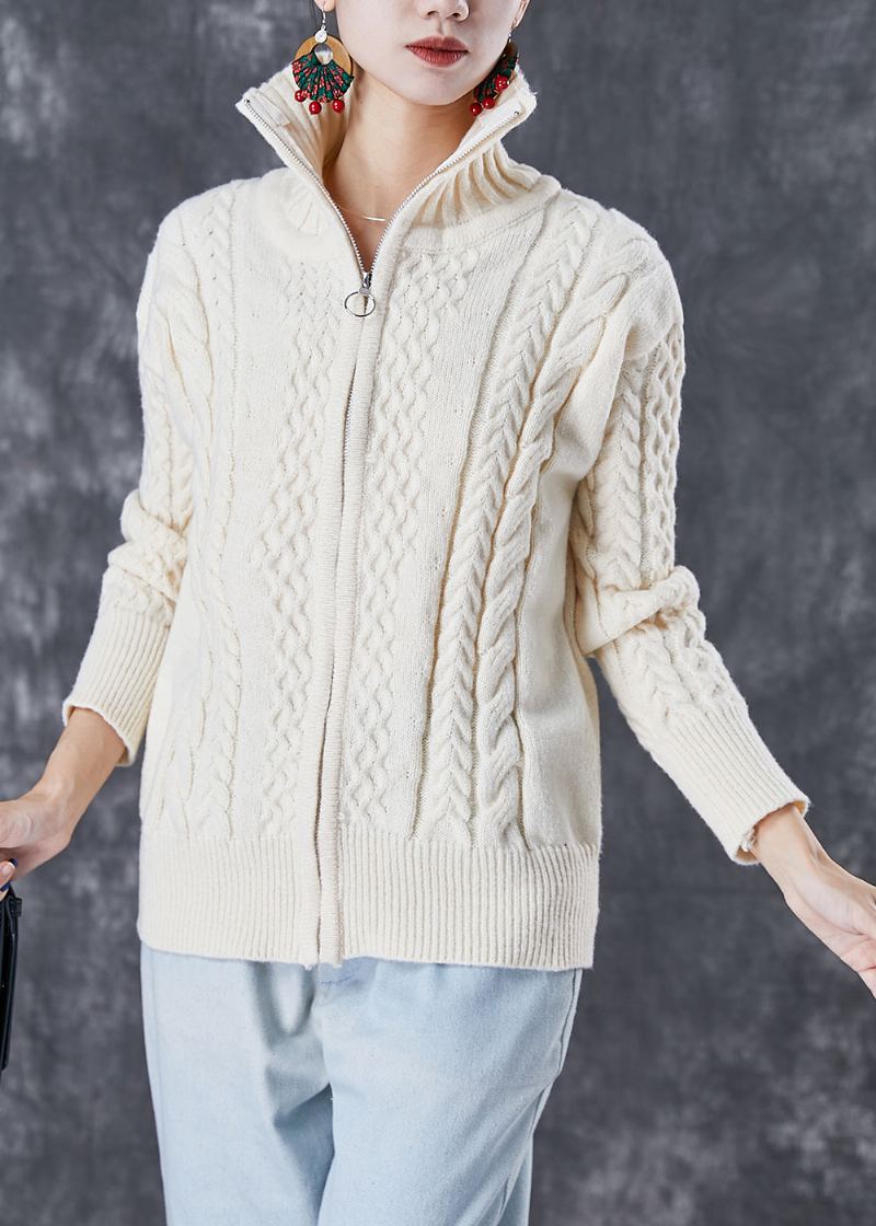 Manteaux En Tricot Torsadé Épais À Fermeture Éclair Beige Chic Automne - Cardigans femmes