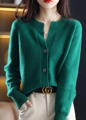 Manteaux Tricotés En Laine Vert Col Rond Bouton Couleur Unie Hiver