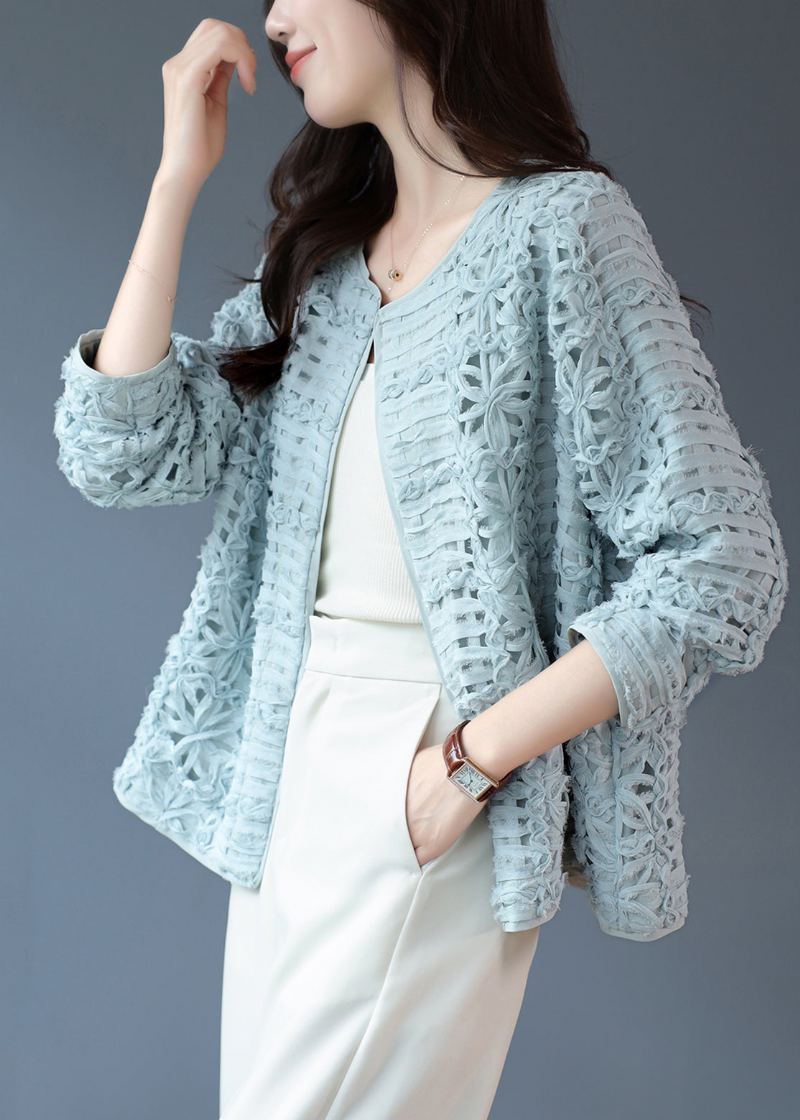 Mignon Bleu Dentelle Patchwork Floral Évider Cardigans À Manches Longues - Cardigans femmes