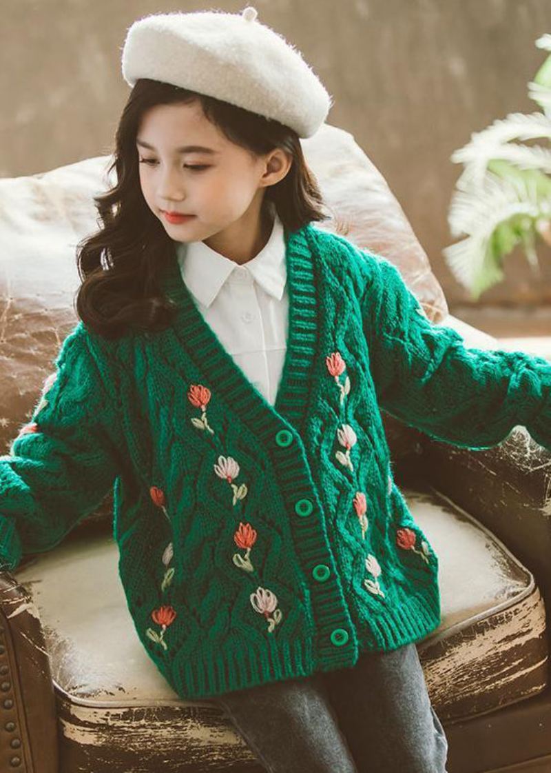 Mignon Vert Col En V Bouton Patchwork Tricot Filles Cardigans Automne - Cardigans femmes