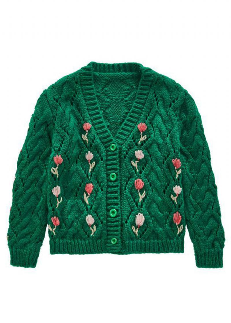 Mignon Vert Col En V Bouton Patchwork Tricot Filles Cardigans Automne - Cardigans femmes