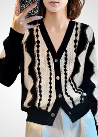 Mode Colorblock Col En V Patchwork Laine Tricot Cardigan Hiver