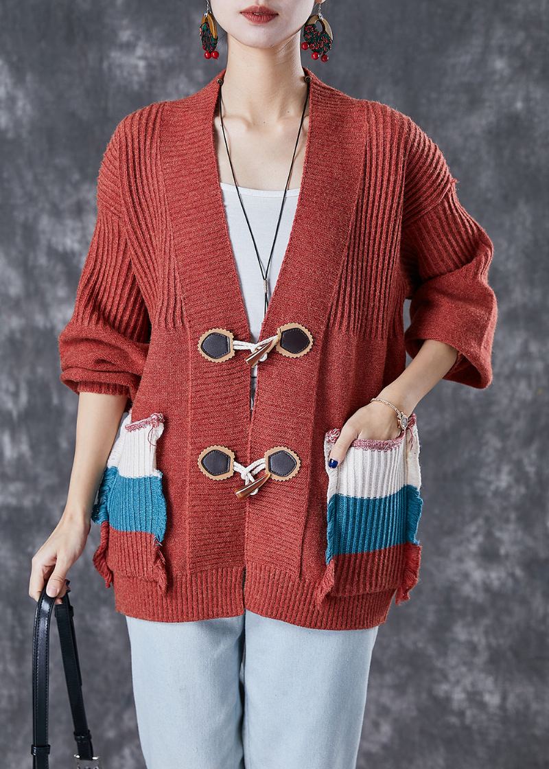 Mode Rouge Surdimensionné Patchwork Poches Tricot Cardigan Automne