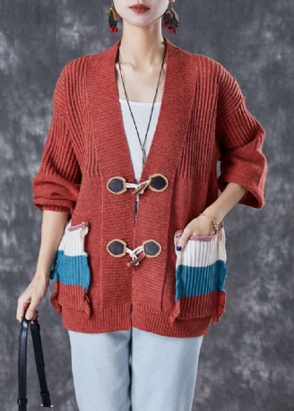 Mode Rouge Surdimensionné Patchwork Poches Tricot Cardigan Automne