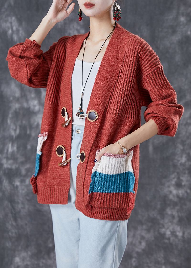 Mode Rouge Surdimensionné Patchwork Poches Tricot Cardigan Automne - Cardigans femmes