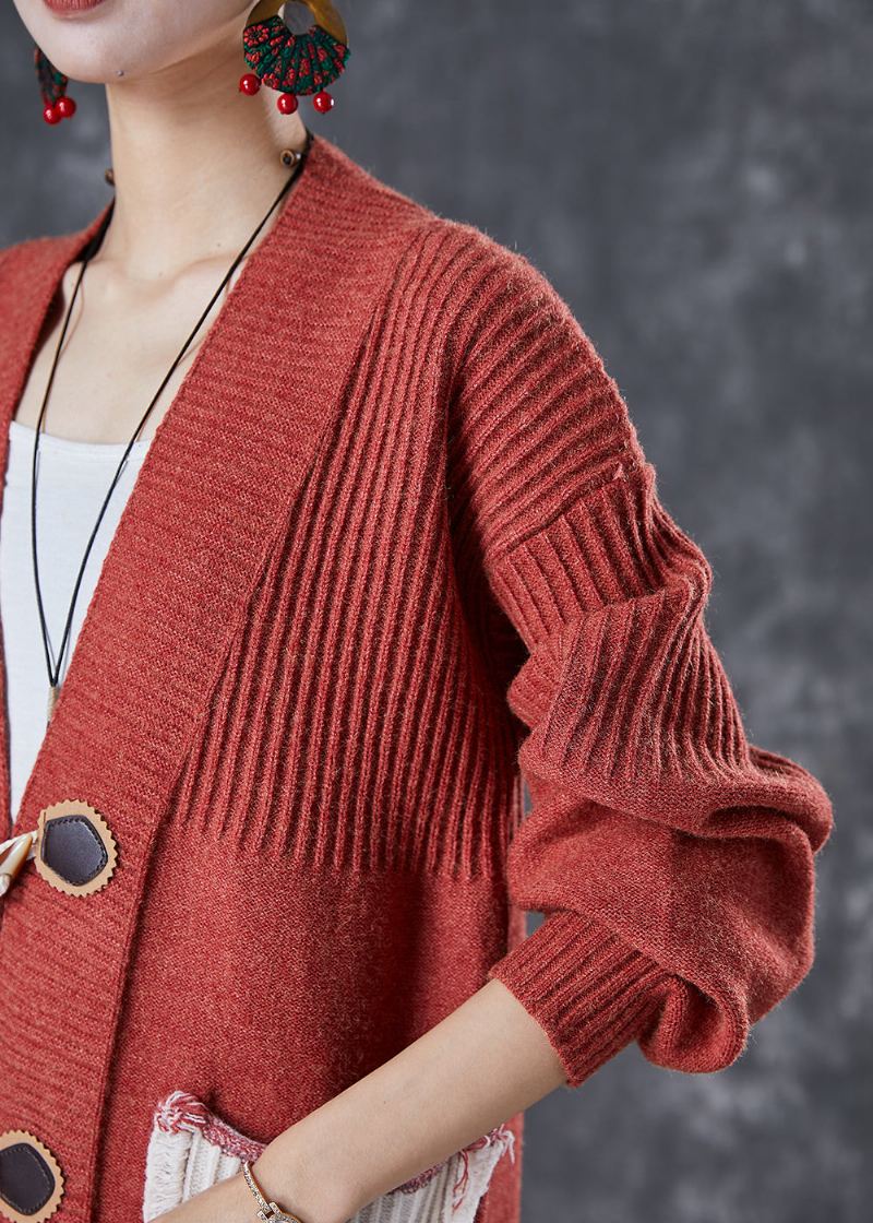 Mode Rouge Surdimensionné Patchwork Poches Tricot Cardigan Automne - Cardigans femmes