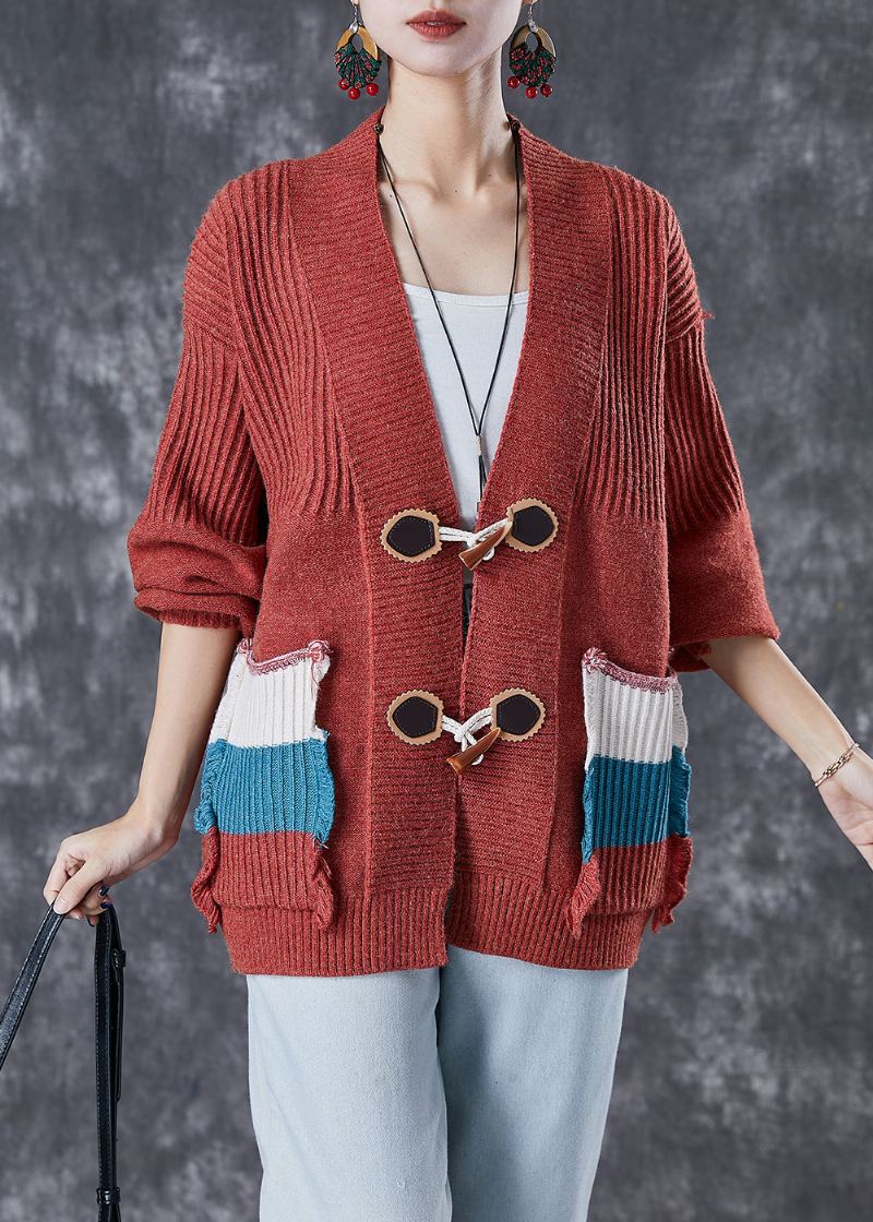 Mode Rouge Surdimensionné Patchwork Poches Tricot Cardigan Automne - Cardigans femmes