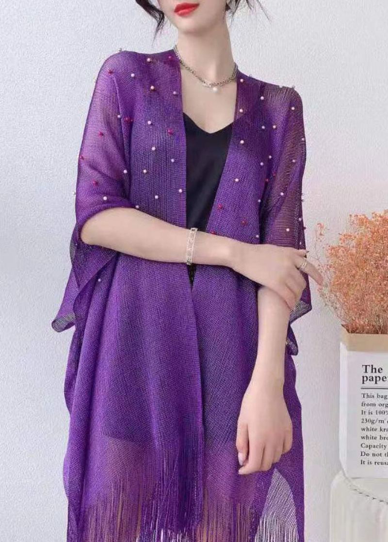 Mode Violet Clou Perle Gland Patchwork Tulle Cape Automne