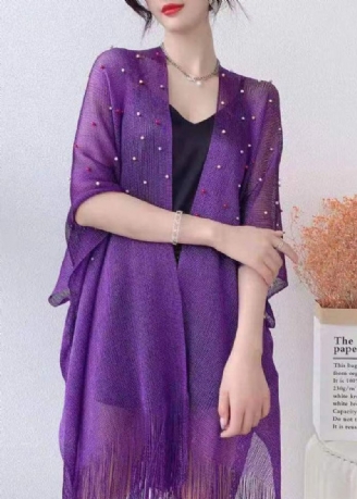 Mode Violet Clou Perle Gland Patchwork Tulle Cape Automne