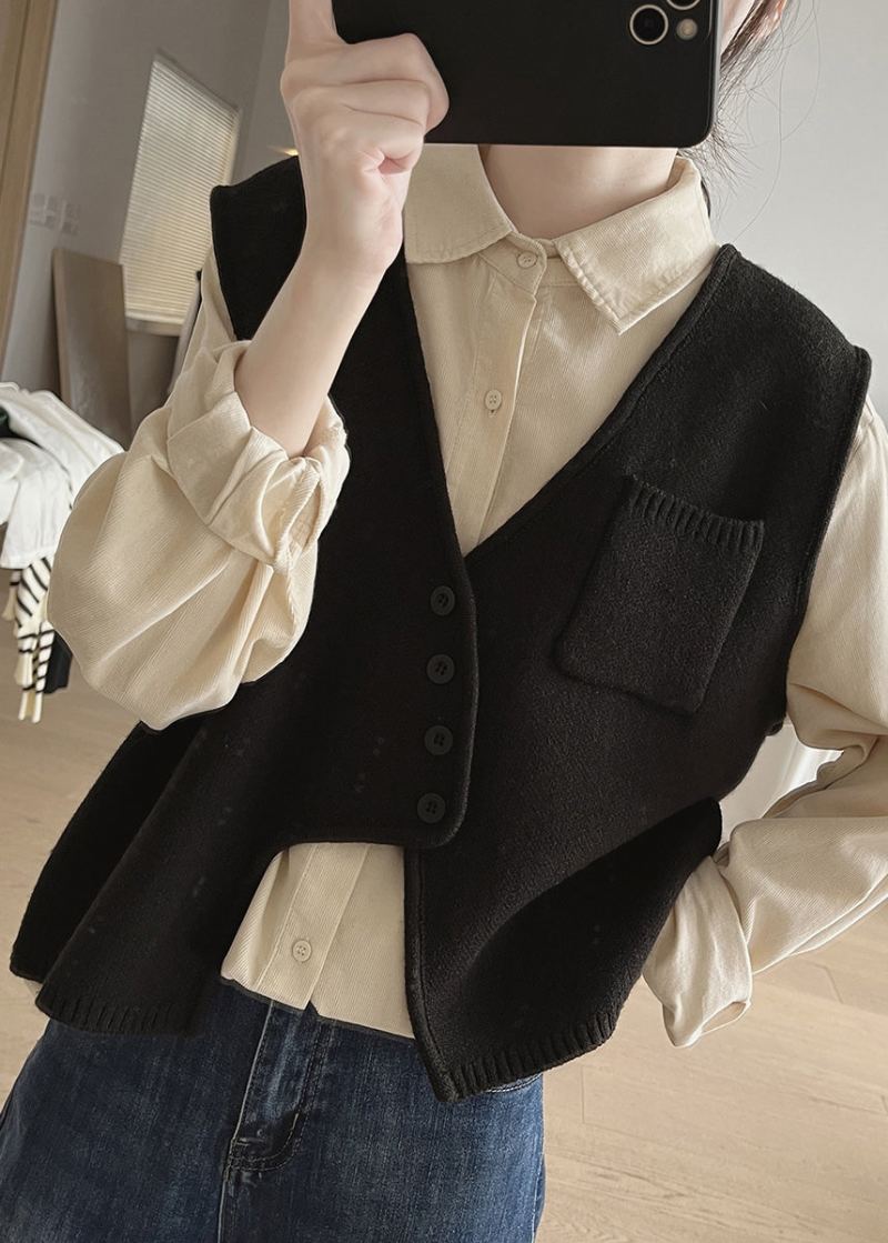 Nouveau Abricot Asymétrique Bouton Patchwork Coton Tricot Gilet Sans Manches - Cardigans femmes