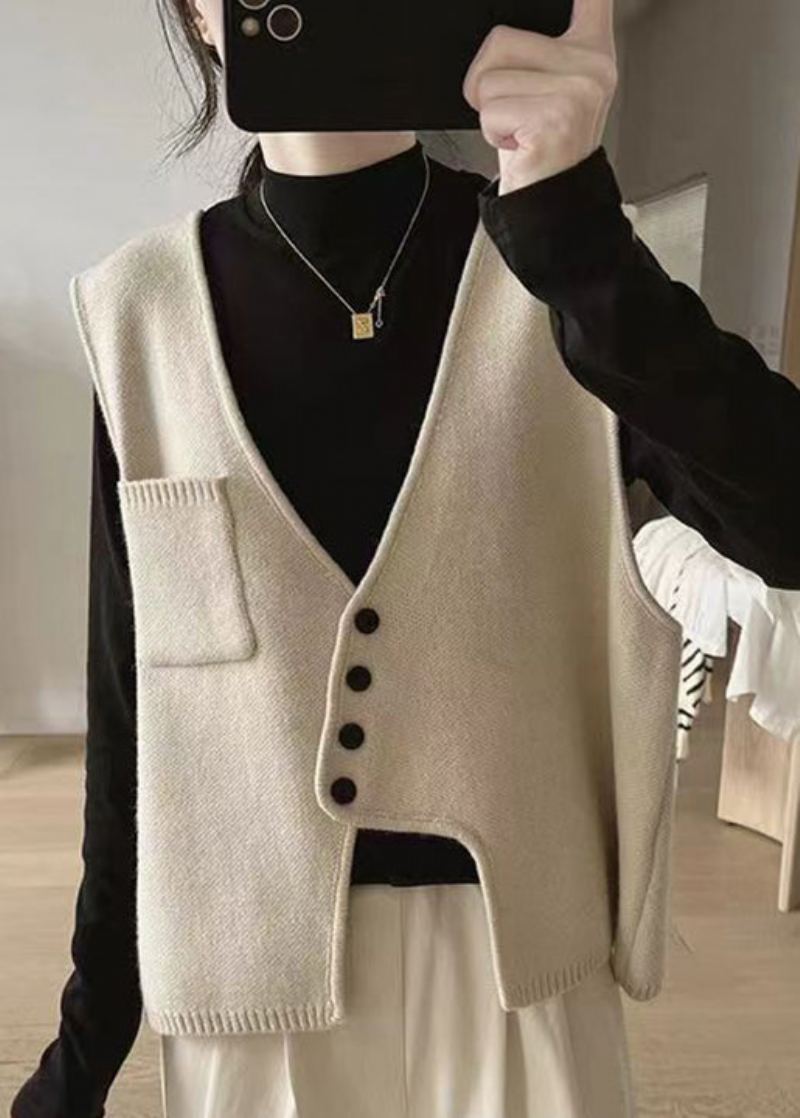 Nouveau Abricot Asymétrique Bouton Patchwork Coton Tricot Gilet Sans Manches - Cardigans femmes