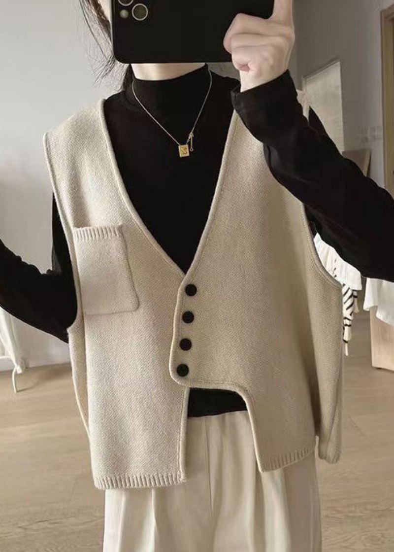 Nouveau Abricot Asymétrique Bouton Patchwork Coton Tricot Gilet Sans Manches - Cardigans femmes