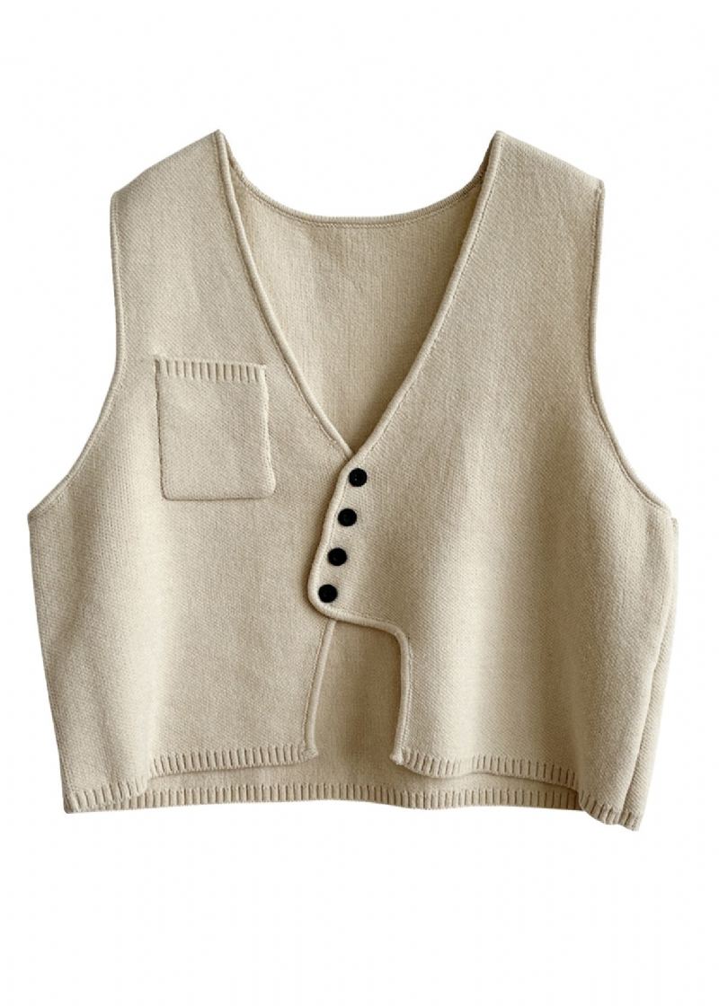 Nouveau Abricot Asymétrique Bouton Patchwork Coton Tricot Gilet Sans Manches - Cardigans femmes