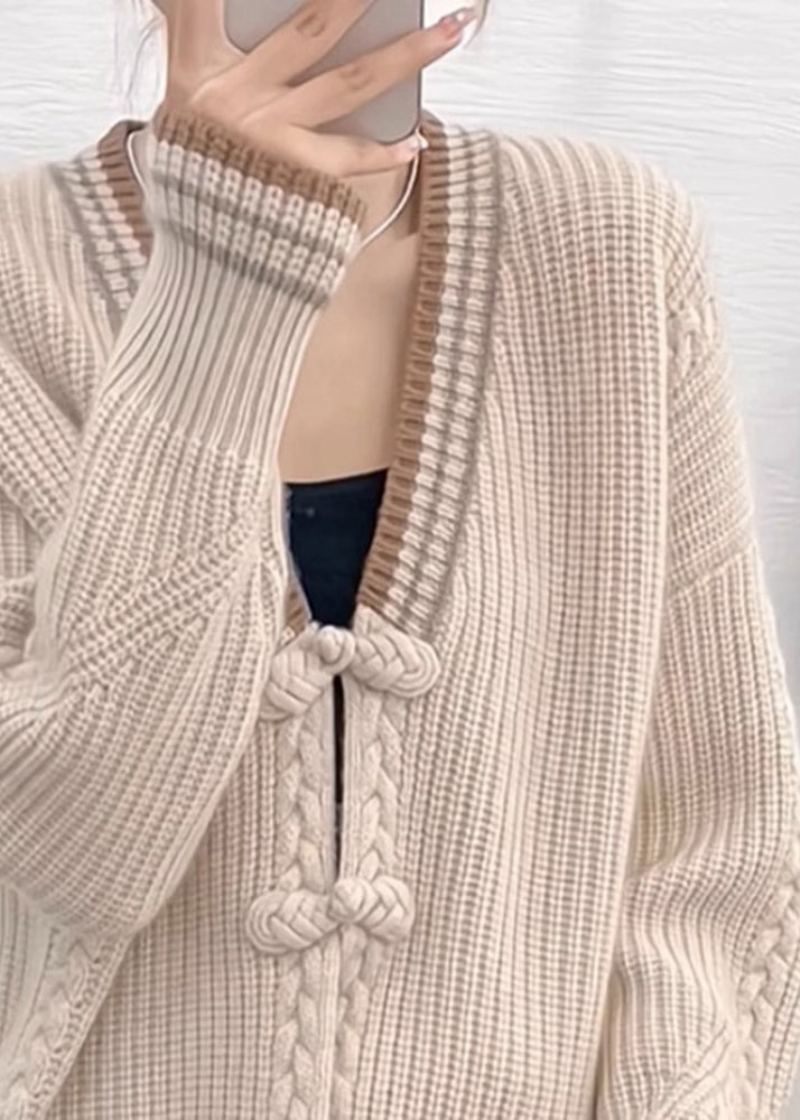 Nouveau Abricot Col En V Bouton Patchwork Tricot Pull Manteaux À Manches Longues - Cardigans femmes