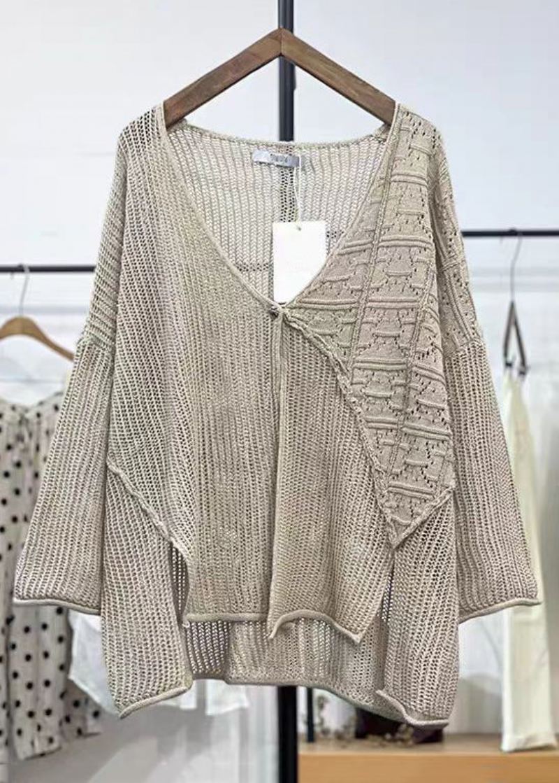 Nouveau Abricot Col En V Évider Tricot Cardigans À Manches Longues