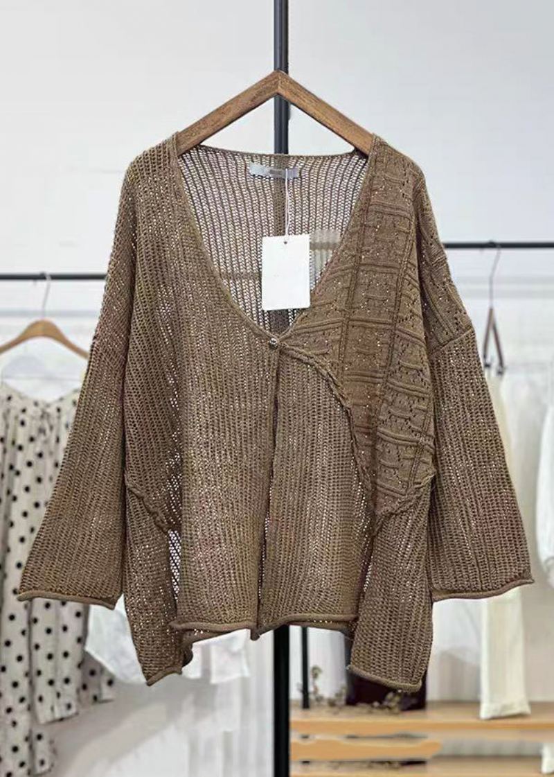 Nouveau Abricot Col En V Évider Tricot Cardigans À Manches Longues - Cardigans femmes