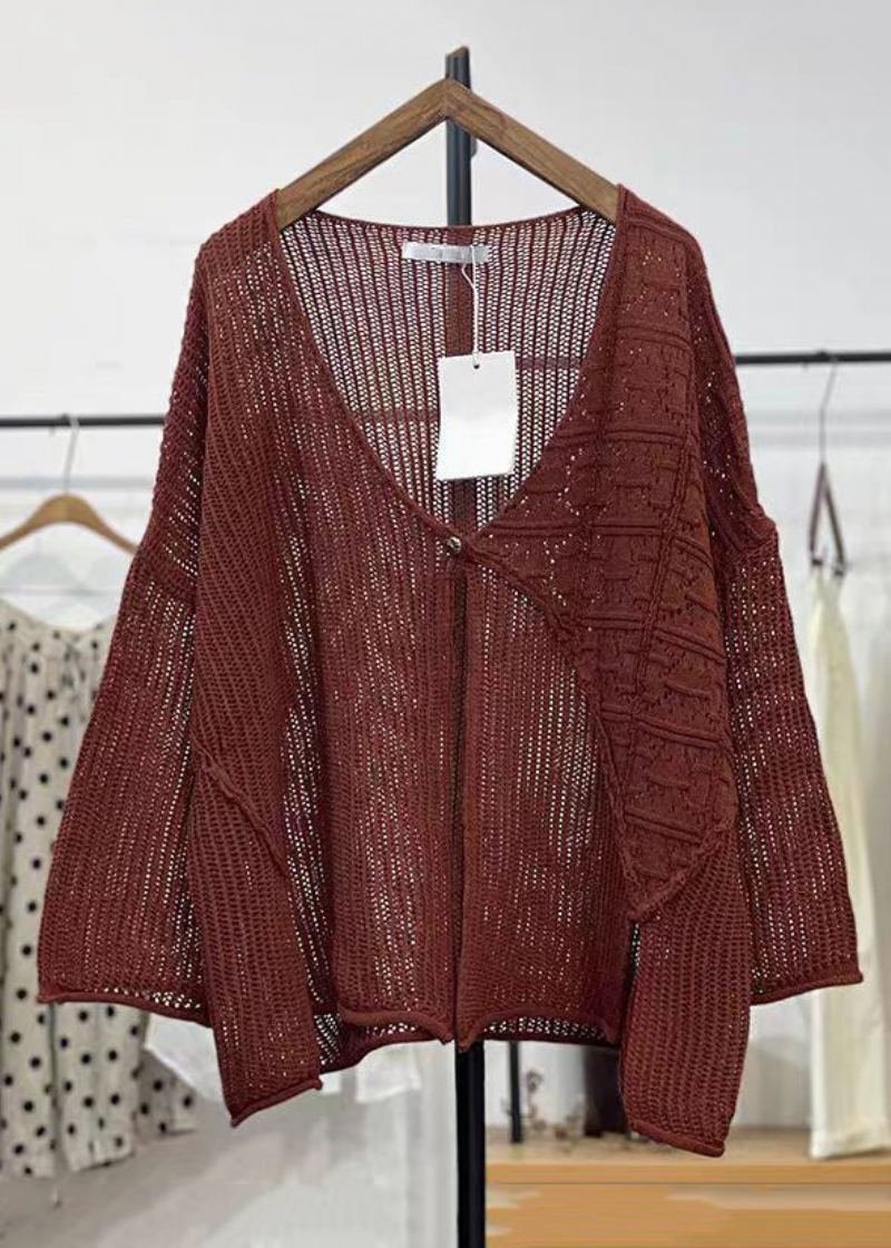 Nouveau Abricot Col En V Évider Tricot Cardigans À Manches Longues - Cardigans femmes