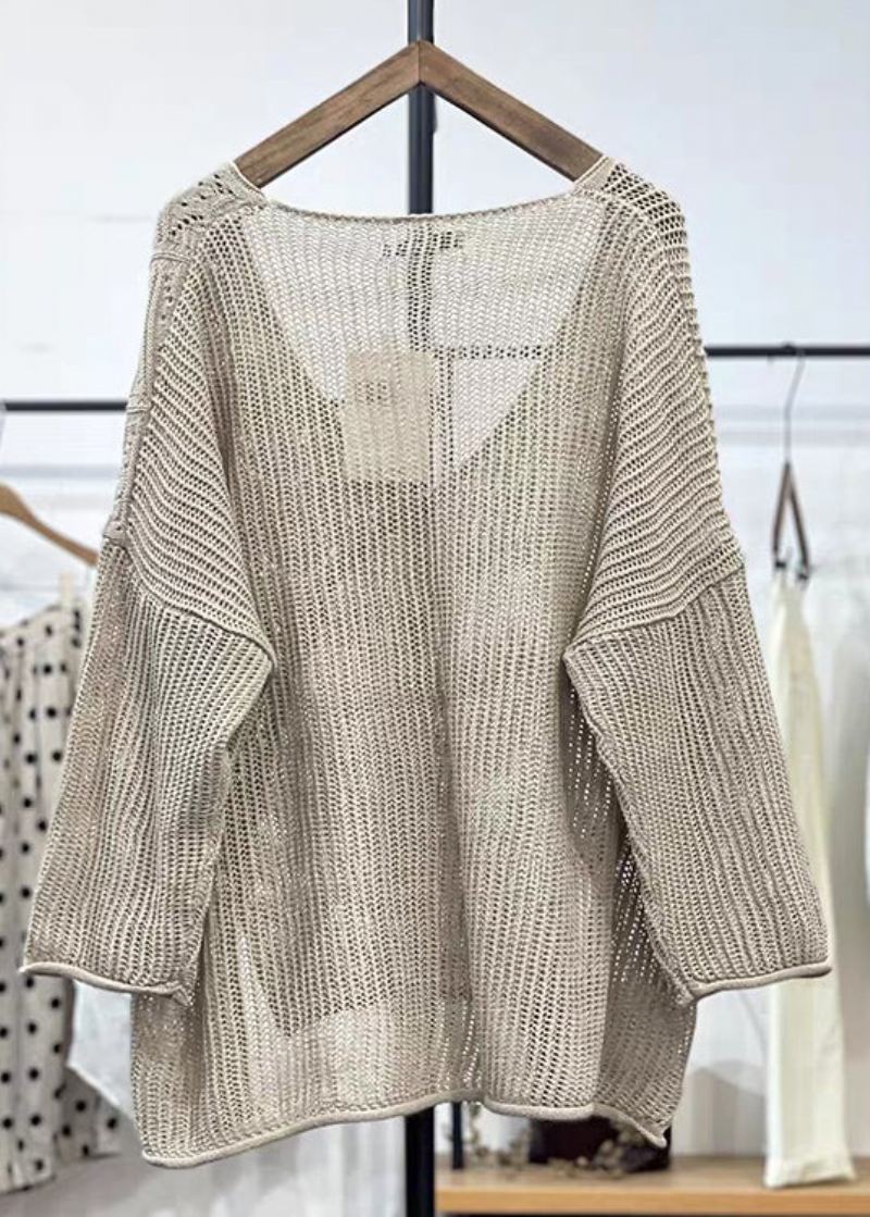 Nouveau Abricot Col En V Évider Tricot Cardigans À Manches Longues - Cardigans femmes