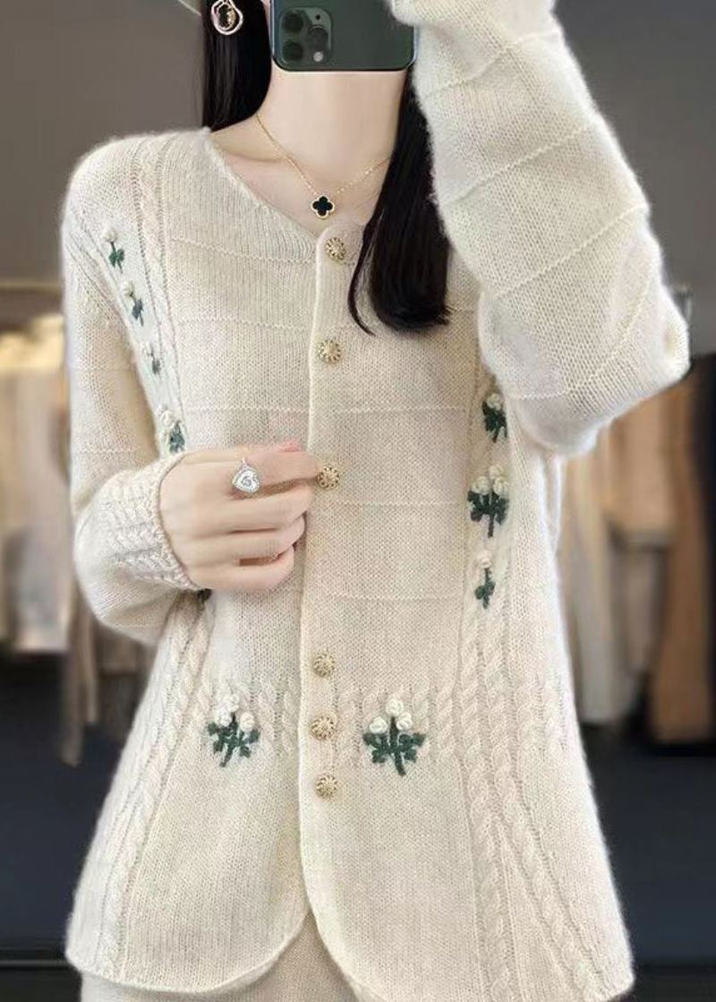 Nouveau Beige Brodé Bouton Patchwork Cachemire Tricot Manteaux Automne - Cardigans femmes