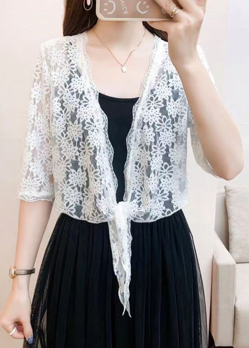 Nouveau Cardigan Blanc Col En V À Lacets En Dentelle Demi-manches