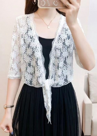 Nouveau Cardigan Blanc Col En V À Lacets En Dentelle Demi-manches