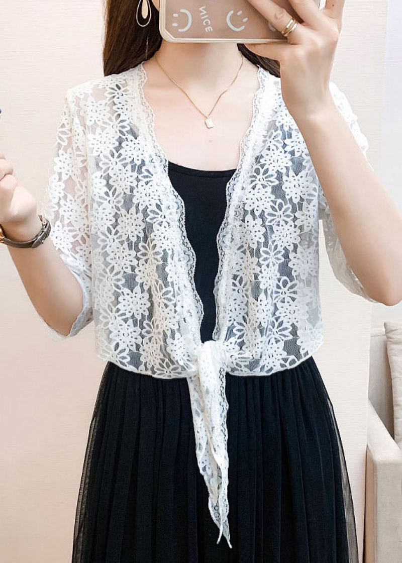 Nouveau Cardigan Blanc Col En V À Lacets En Dentelle Demi-manches - Cardigans femmes