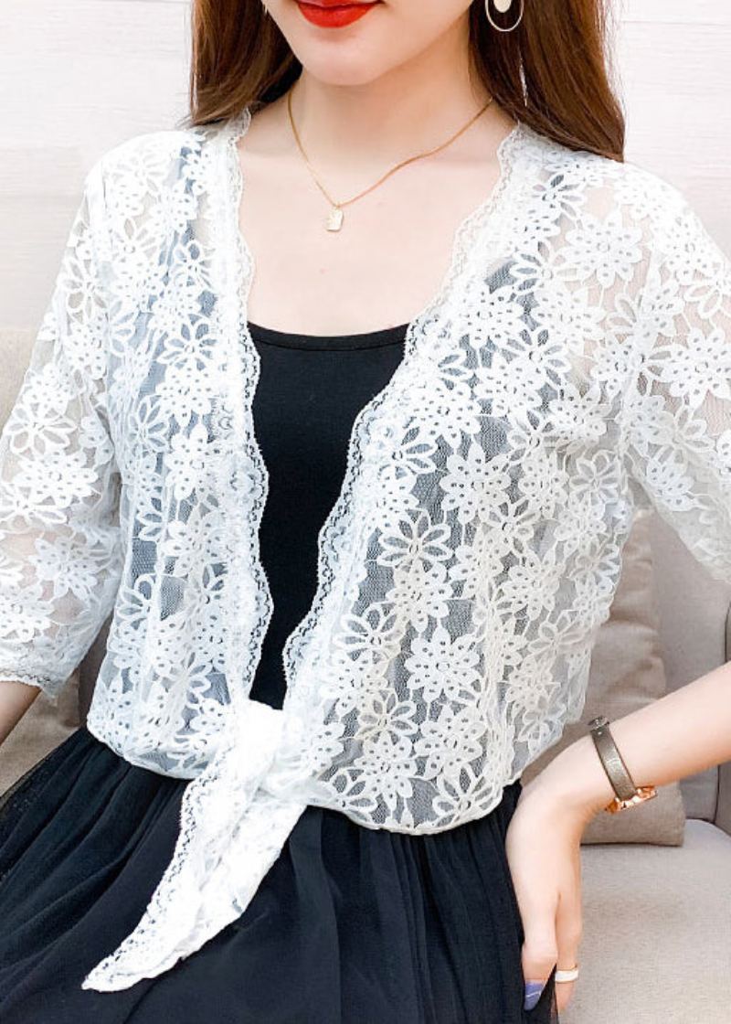 Nouveau Cardigan Blanc Col En V À Lacets En Dentelle Demi-manches - Cardigans femmes