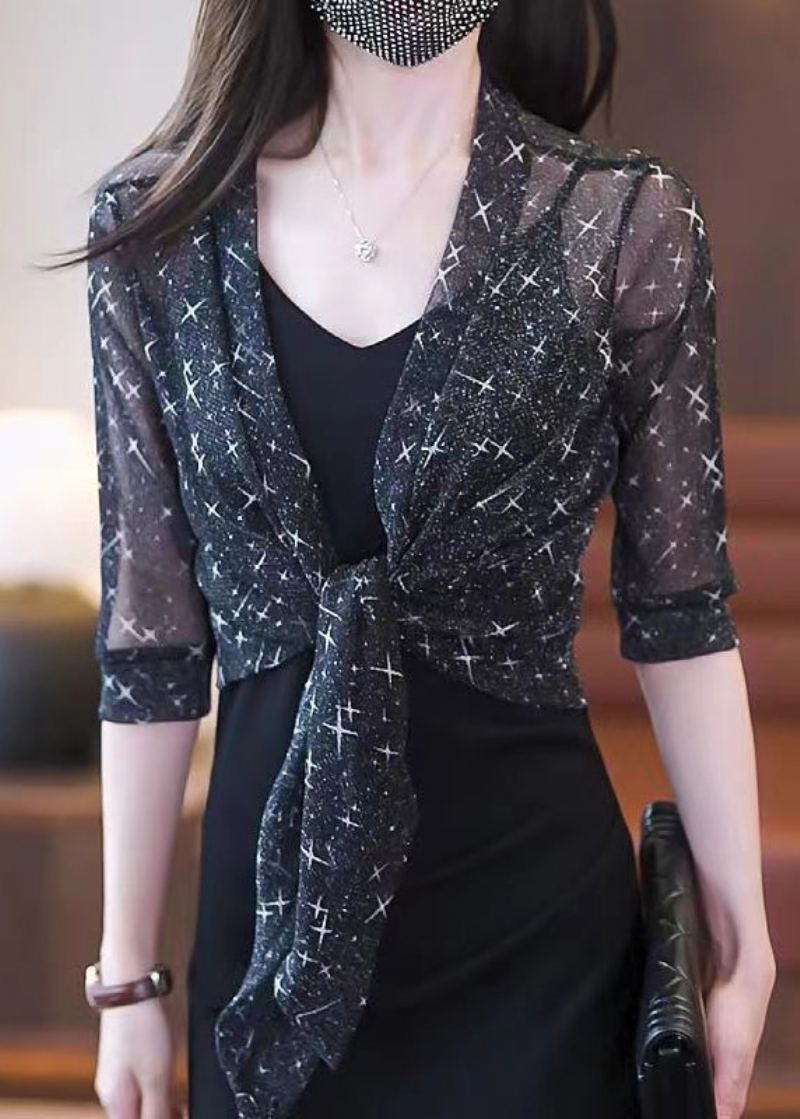 Nouveau Cardigan D'été En Tulle Imprimé Soie Brillante Noir