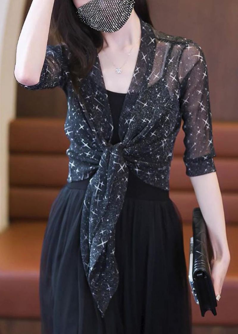 Nouveau Cardigan D'été En Tulle Imprimé Soie Brillante Noir - Cardigans femmes