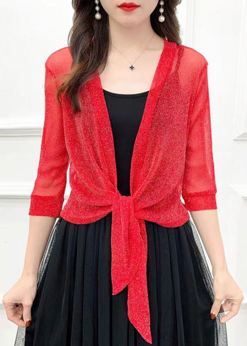 Nouveau Cardigan En Tulle Rouge À Manches Mi-longues Couleur Unie