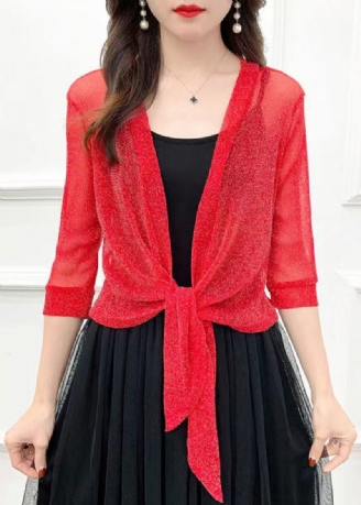 Nouveau Cardigan En Tulle Rouge À Manches Mi-longues Couleur Unie