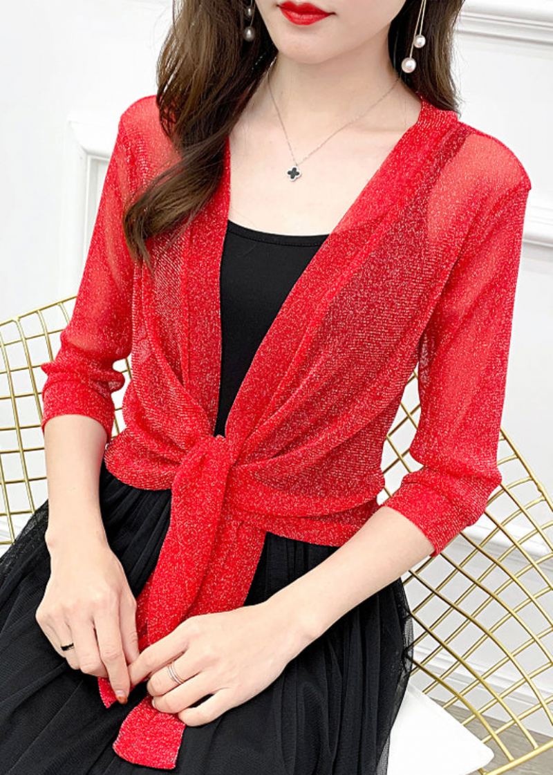 Nouveau Cardigan En Tulle Rouge À Manches Mi-longues Couleur Unie - Cardigans femmes