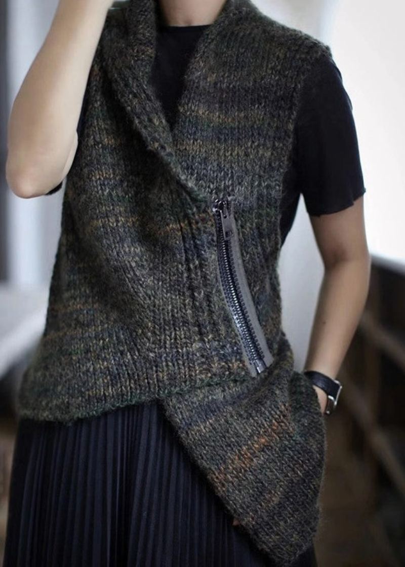 Nouveau Gilet Asymétrique Gris Foncé En Tricot De Coton À Fermeture Éclair Sans Manches