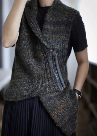 Nouveau Gilet Asymétrique Gris Foncé En Tricot De Coton À Fermeture Éclair Sans Manches